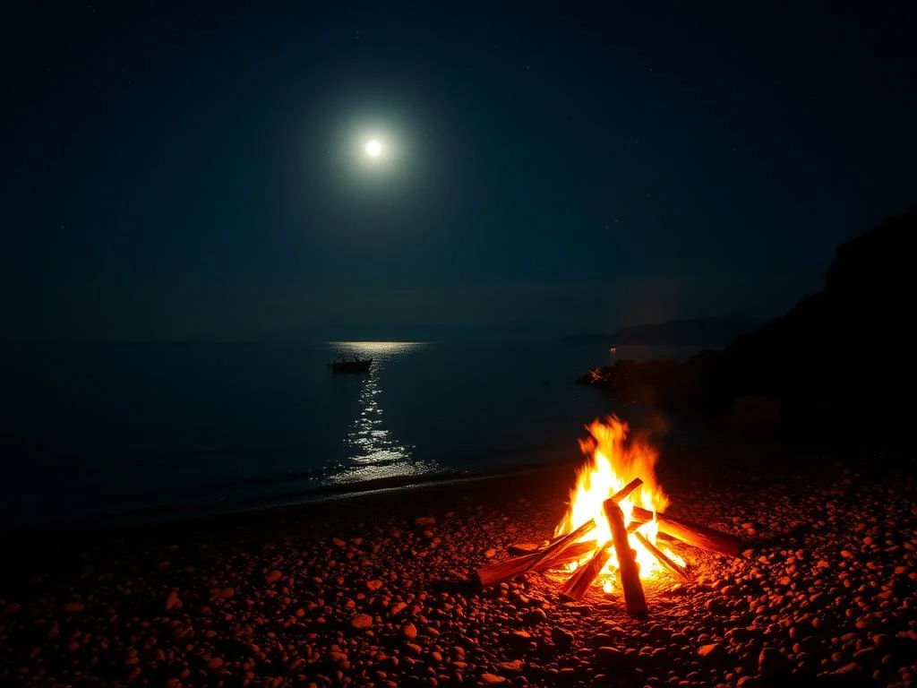 Small beach fire by the sea at night