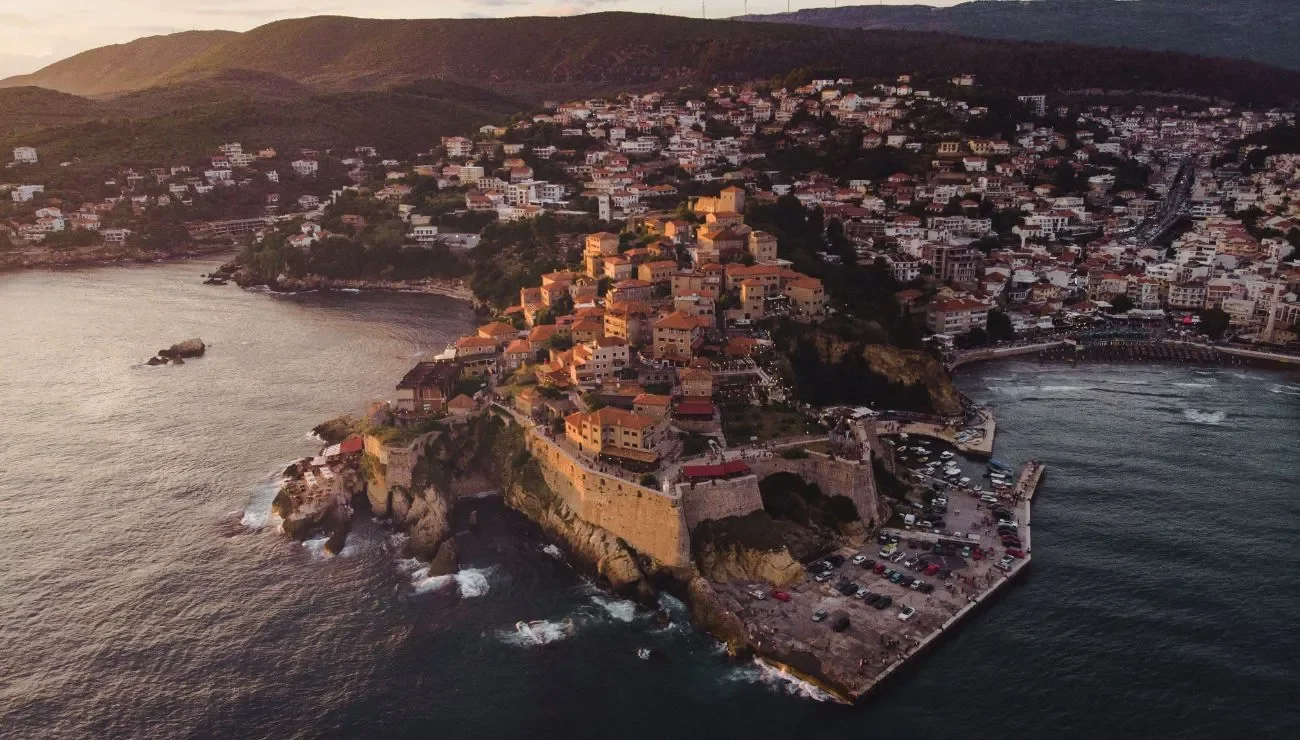 Ulcinj Old Town walls seen from the sea